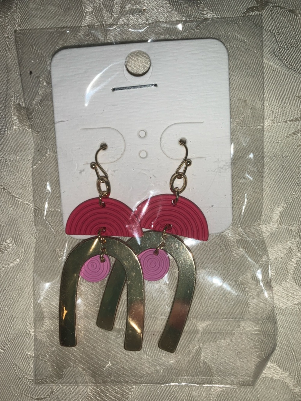 Boutique 9 Gold-Tone Arch Earrings with Dark Pink and Light Pink Accents